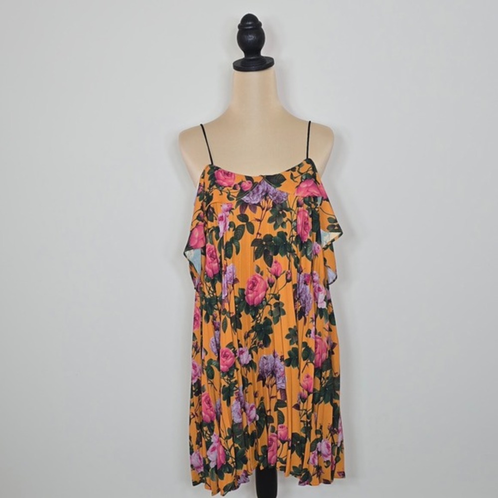 DELFI x Anthropologie Elsa Floral Orange Off Shoulder Pleated Mini Dress Size S - Picture 2 of 8